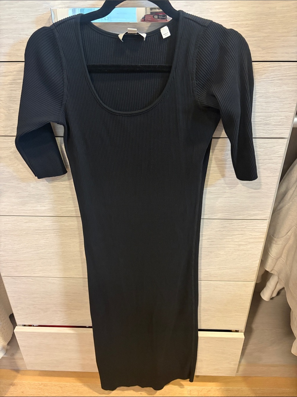 Vince Ribbed Black Scoop Neck Midi Dress
